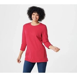 Denim & Co. Active French‎ Terry 3/4-Sleeve Tunic Shirt Top XXS Rose Red